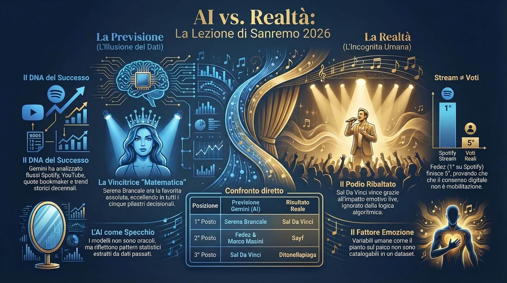Infografica - Gemini prevede Sanremo 2026. Poi arriva la realtà